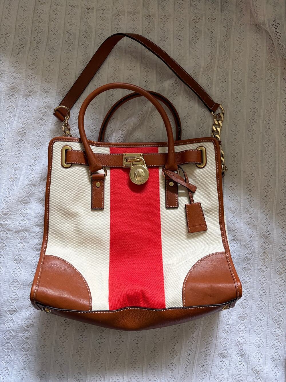 Michael Kors Hamilton North South Canvas Tote Satchel Stripe Leather Bag